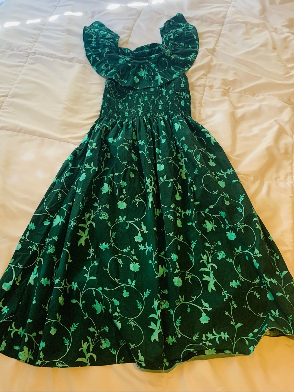 Hill House Emerald Green leaf print Ruffle-Yoke Dress